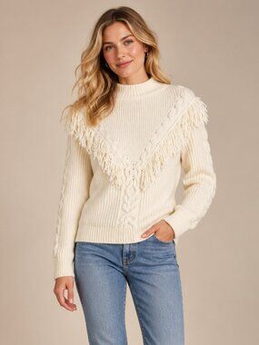 Tuckernuck Ivory Wool Blend Fringe Cable Knit Sweater Size S